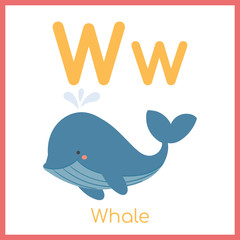 Cute animal alphabet. W letter. Cute Whale.