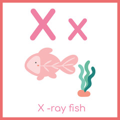 Cute animal alphabet. X letter. Cute X-ray fish.