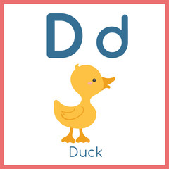 Cute animal alphabet. D letter. Cute Duck.