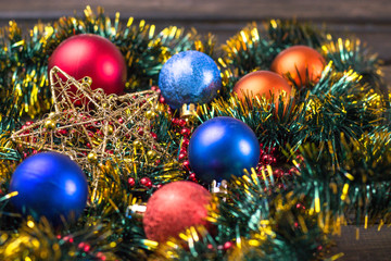 Beautiful Christmas decorations on a wooden background. Beautiful festive christmas background. New Year's holidays. Christmas Holidays.