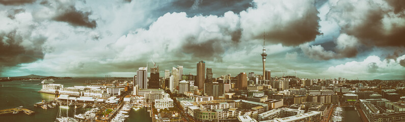 Auckland, New Zealand. Sunset aerial panorama of city skyline