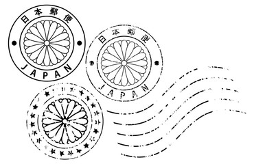 Vector postmarks with chrysanthemum and Japanese and English inscription Japan. Rubber stamps with Japanese coat of arms