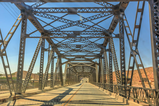Iron bridge over the railroad in Barstow California on the historic Route 66. North 1st Street Bridge.