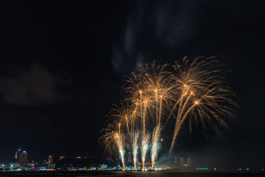 Colorful firewok at The Internationa Firework festival in Pattaya, Thailand.