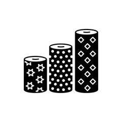 Black & white vector illustration of fabric assortments. Flat icon of textile rolls with different patterns for quilting & patchwork. Sewing material. Isolated on white background.