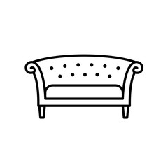 Black & white vector illustration of chesterfiels sofa. Line icon of settee. Vintage home & office furniture. Isolated on white background