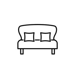 Black & white vector illustration of loveseat with 2 pillows. Double sofa. Line icon of settee. Modern home & office furniture. Isolated on white background