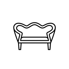 Black & white vector illustration of vintage loveseat. Double sofa. Line icon of settee. Retro home & office furniture. Isolated on white background