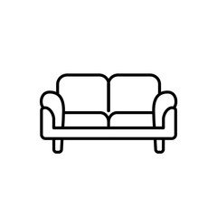 Black & white vector illustration of loveseat. Double sofa. Line icon of settee. Modern home & office furniture. Isolated on white background