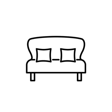 recommend clip art: Black & white vector illustration of loveseat with 2 pillows. Double sofa. Line icon of settee. Modern home & office furniture. Isolated on white background