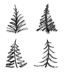 Crayon like child's drawing style of merry christmas tree set. Hand drawn artistic stroke black on white. Simple grunge texture fir tree like kids drawn vector funny doodle silhuette.