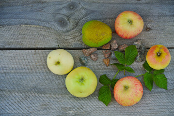 layout on a wooden background, apples, pears, small gravel stones, raspberry leaves