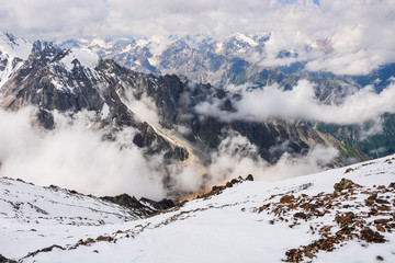 Scenic alpine landscape with and mountain ranges. natural mountain pastures and snow-capped...