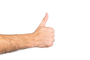 Mans thumb up hand isolated on a white background.