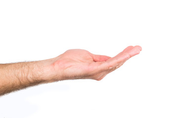 Mans hand  gesture isolated on a white background. Holding something or giving hand..