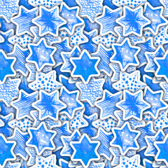 Paper Star Magic Confetti with Hand Drawn Watercolor Texture. Seamless Star Pattern with Naturalistic Shadow. New Year, Christmas, Birthday and other Holiday Design. Wrapping, Textile, Background.