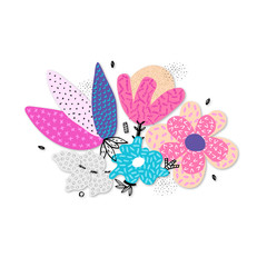 Vector abstract hand drawn flowers with different textures. Floral composition. Freehand style. Unique artistic design for card, invitation, wall decoration, sticker, print on clothes, packaging