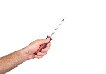 Mans hand with a screwdriver isolated on a white background..