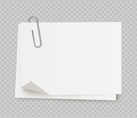 Vector realistic white note paper with paper clip on transparent background.