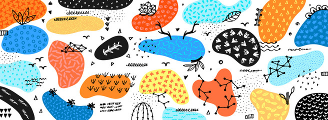 Vector abstract creative background with hand drawn elements and different textured shapes. Freehand style. Applique. Unique artistic design. Header, poster, cover, banner, card, invitation, packaging