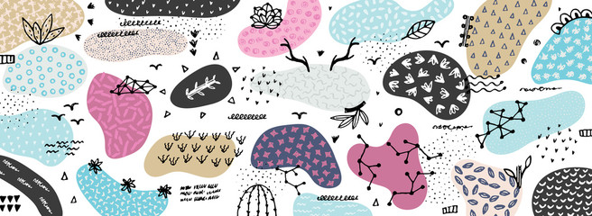 Vector abstract creative background with hand drawn elements and different textured shapes. Freehand style. Applique. Unique artistic design. Header, poster, cover, banner, card, invitation, packaging