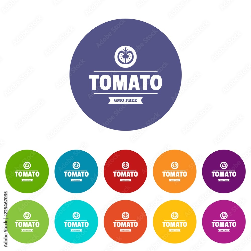 Poster gmo free tomato icons color set vector for any web design on white background