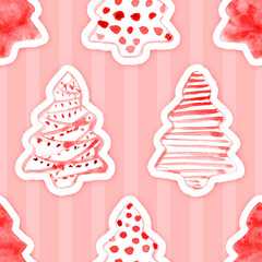 Seamless Pattern with Hand Drawn Watercolor Christmas Tree on Stripped Background for Your Holidays Design. Realistic Paper Applique, Cutout. Good for Wrapping, Wallpaper, Fabric, Banners, Posters.