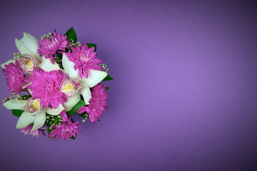 Flower Greeting Card.Orchid and Asters.Violet background