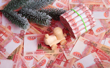 Money, rubles, Christmas, New Year. Holiday concept or business concept in Russia. Selective focus,...