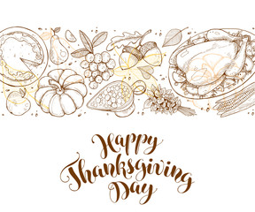 Happy thanksgiving day greeting card template. Thanksgiving poster with roasted turkey, pumpkin pie and aconrs sketches. Horizontal composition with text.