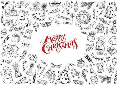 Merry Christmas design elements in doodle style isolated on white background. Vector illustration of xmas traditional symbols. Santa, deer, gingerbread, Christmas tree etc. Happy New Year sketches.