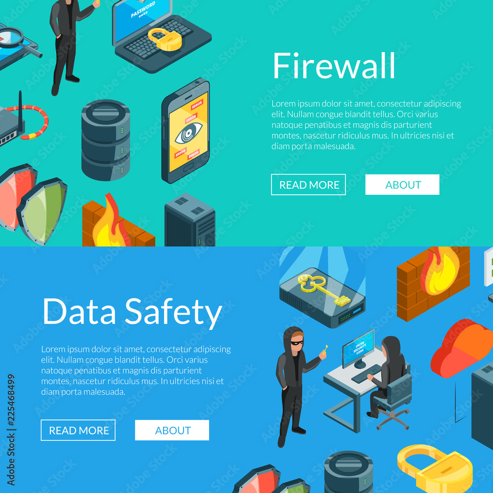 Poster vector isometric data and computer safety icons web banner templates illustration. digital internet 