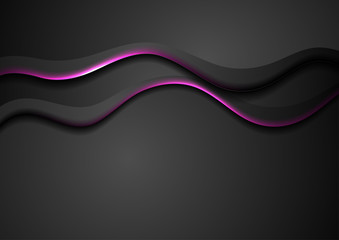 Black abstract wavy background with purple neon light