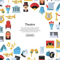 Fototapeta premium Vector flat theatre icons background with place for text illustration. Art banner and poster