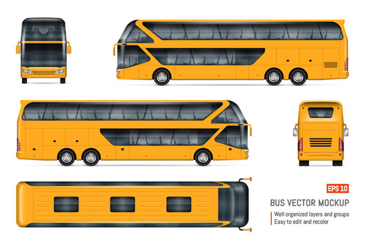 Tourist bus vector mockup on white background for vehicle branding, corporate identity. View from side, front, back, and top. All elements in the groups on separate layers for easy editing and recolor