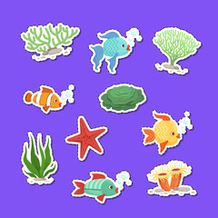 Vector cartoon underwater creatures and seaweed stickers set illustration isolated on background