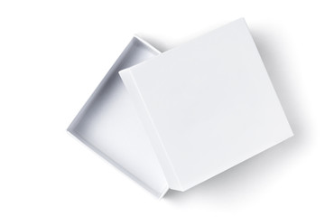Close up of white open cardboard gift box on white background isolated, top view
