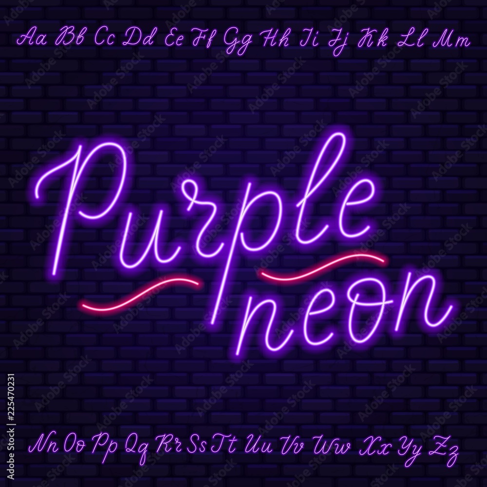 Poster purple neon script. uppercase and lowercase letters.