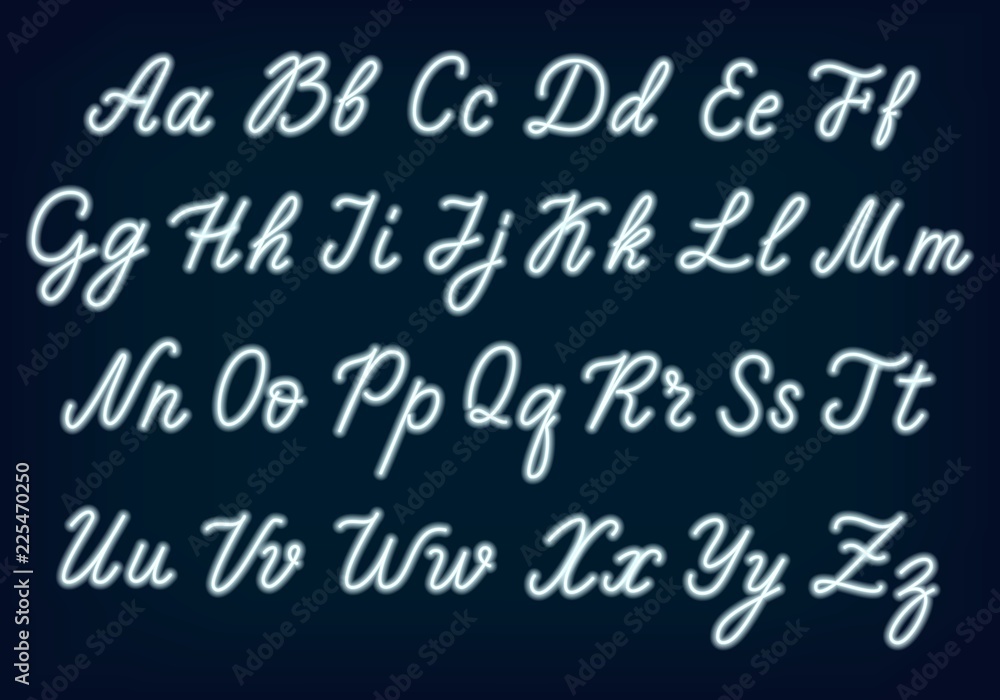 Poster white neon script. uppercase and lowercase letters.