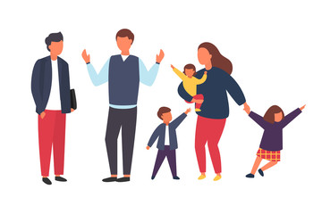 Fototapeta premium Family with kids. Busy and tired parents with naughty children. Vector illustration