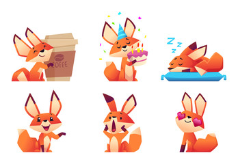 Cute fox character collection. Wild orange animal at forest in various funny pose and emotions vector mascot design. Illustration of fox character wildlife, mascot friendly