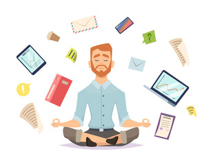 Business yoga concept. Office zen relax concentration at workspace table yoga practice vector illustration. Business concentration yoga, meditation zen pose - obrazy, fototapety, plakaty