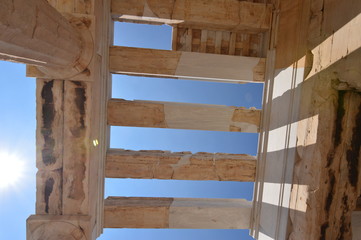 Ceiling Columns Of The Propylaea Of The Acropolis Of Athens.s In The Acroplis Of Athens. History, Architecture, Travel, Cruises. July 9, 2018. Acropolis Of Athens, Greece.