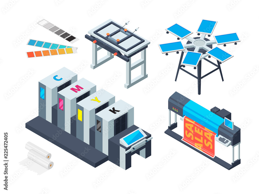 Wall mural print house machine. digital laser printer inkjet plotter various printing tools vector isometric pi