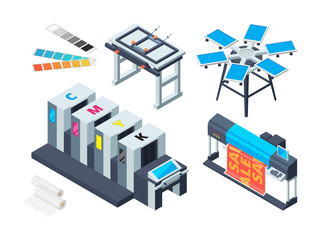 Print house machine. Digital laser printer inkjet plotter various printing tools vector isometric pictures. Printer technology, device print equipment illustration