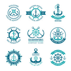 Marine logo. Nautical vector emblem with ship anchors and steering wheels. Cruise boat sailor monochrome symbols for badges. Illustration of nautical ship emblem, anchor marine logo © ONYXprj