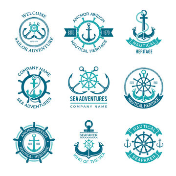 Marine logo. Nautical vector emblem with ship anchors and steering wheels. Cruise boat sailor monochrome symbols for badges. Illustration of nautical ship emblem, anchor marine logo