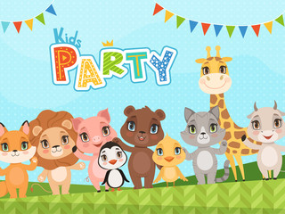 Jungle animals background. Celebration placard or baby shower labels wit vector pictures of cute little wild animals. Vector baby shower poster, animal party banner birthday illustration