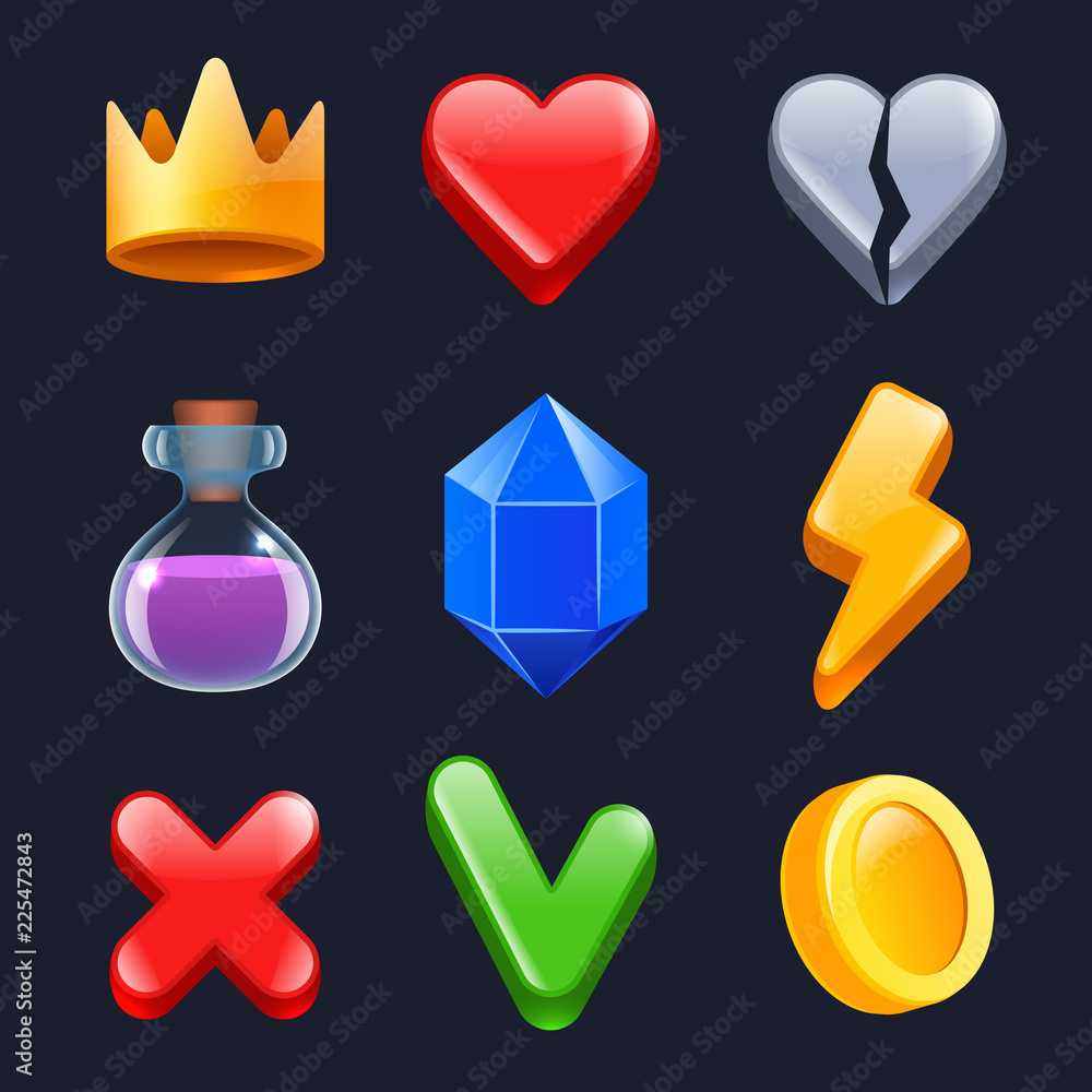Poster game ui kit. clever stars lock gold buttons colored items for web interface vector stylized icons. i