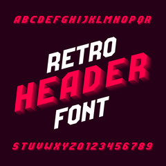 Retro header alphabet font. Three-dimensional effect letters, numbers and symbols with shadow. Stock vector typography for your design.